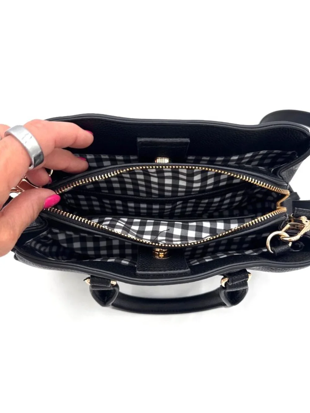 Nanette Lepore Black Pebbled Faux Leather Crossbody Bag Gold Accent Adjust Strap